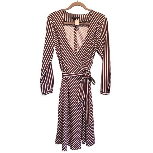 Banana Republic Burgundy White Stripe Long Sleeve Wrap Dress Sz 6 - Picture 2 of 9